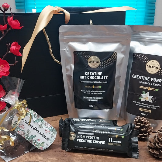 Creatine Infused snacks gift bag, with Hot chocolate, Chocolate porridge, crispy bars and chocolates, Chrismas, Birthday, Get well